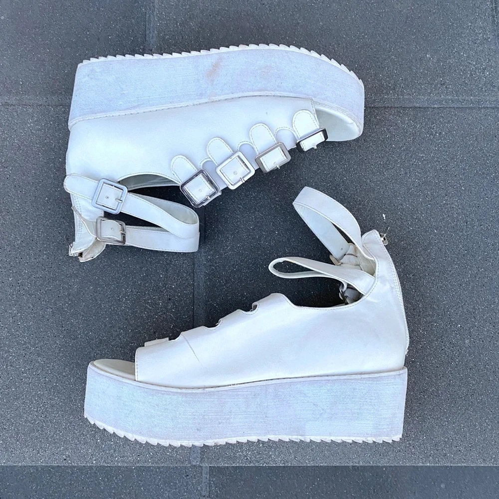YRU Chunky Platform SANDALS strappy white buckles wedges Heels Y2K 90s Mirage 10